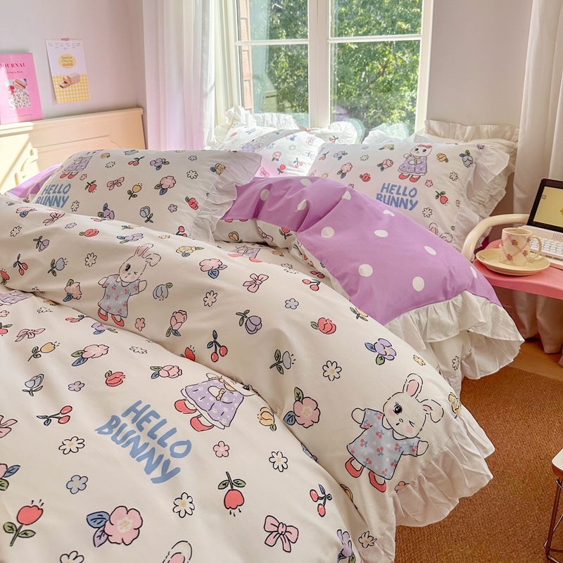 Four-piece Cartoon Cotton Bed Set Petals rabbit B15